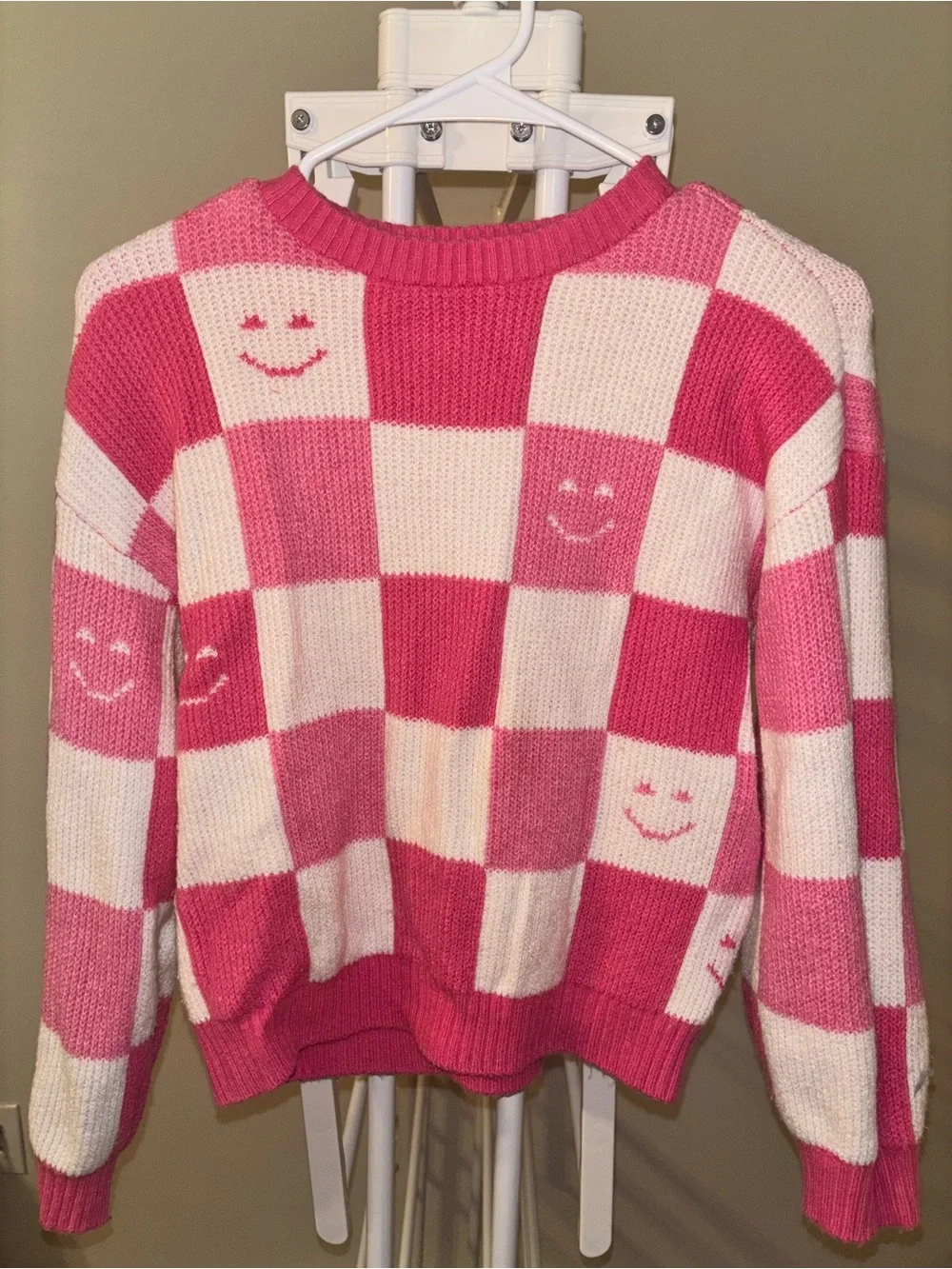 Old Navy Pink and White Checkerboard Smiley Sweater